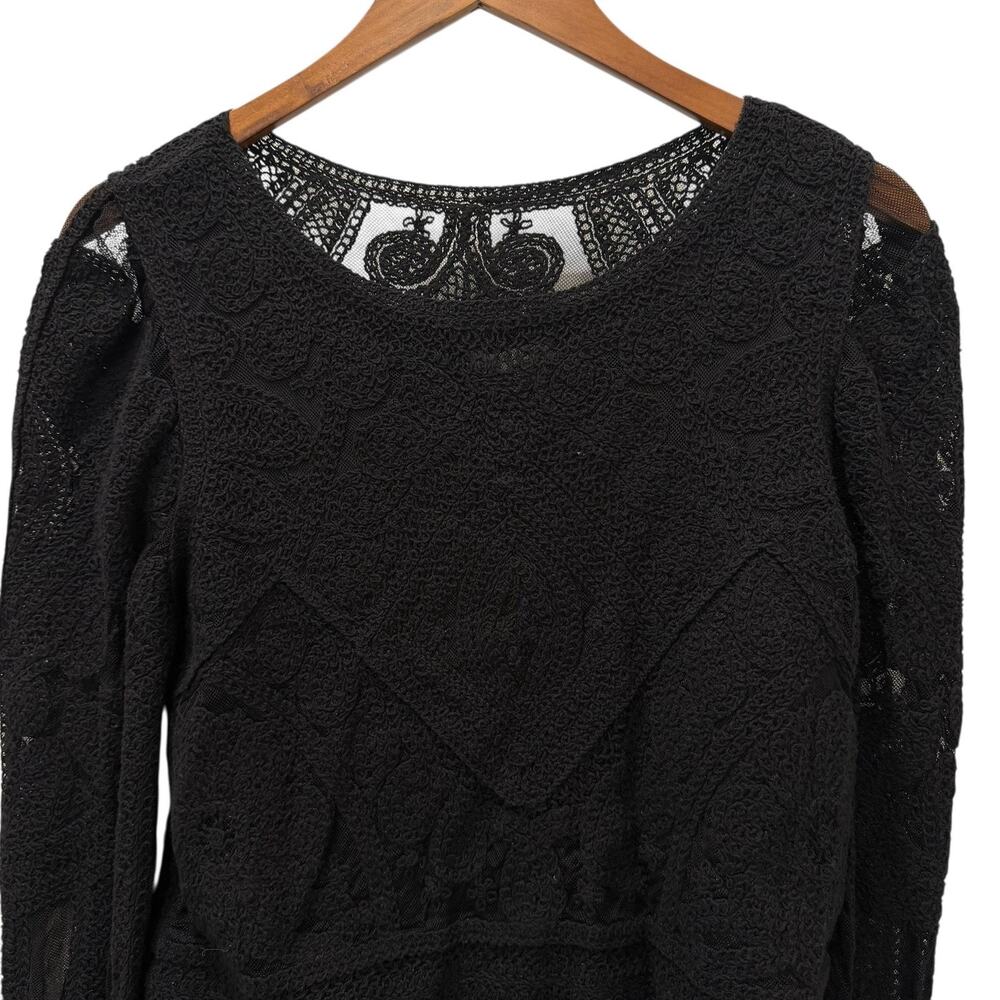 Ultra Pink Blouse Juniors Large Black Crochet Lace Long Sleeve Lined Party Top - Picture 2 of 12